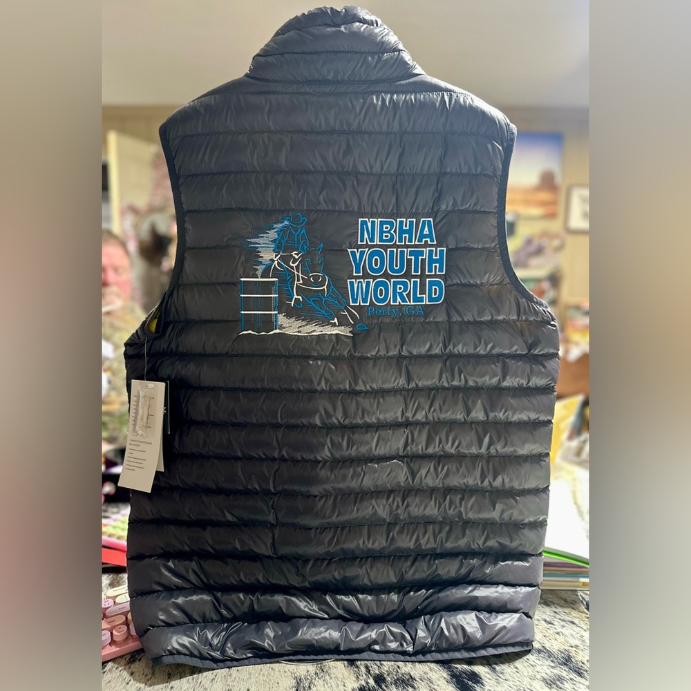 NWT Tioga Territory Gray Down Vest with Embroidered NBHA Youth World. S. Medium